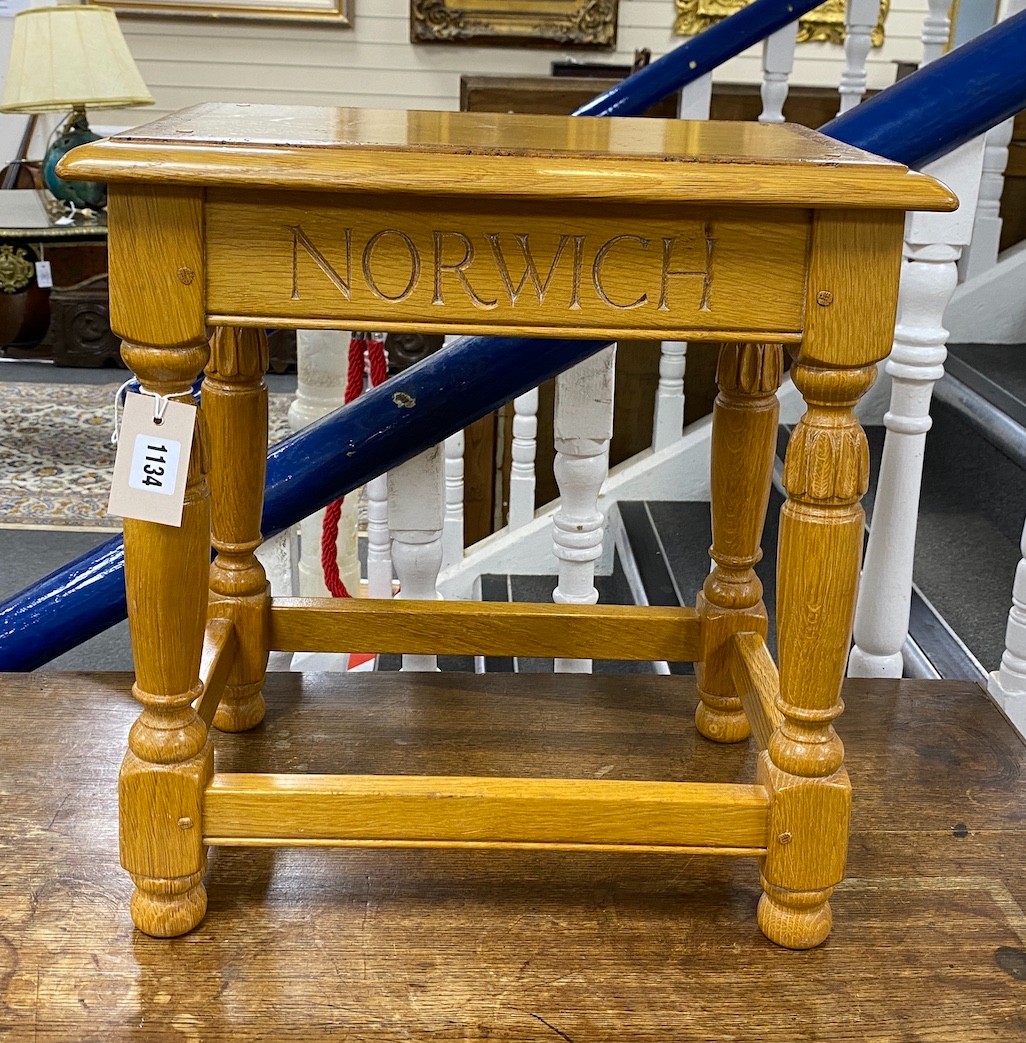 A 1996 Norwich Cathedral commemorative oak joint stool, width 43cm, depth 28cm, height 46cm